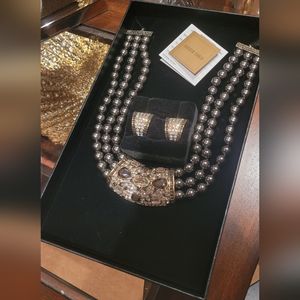 Vintage Heidi Daus Crystal Accented Pearl Necklace, Clip Earring Set | NWT